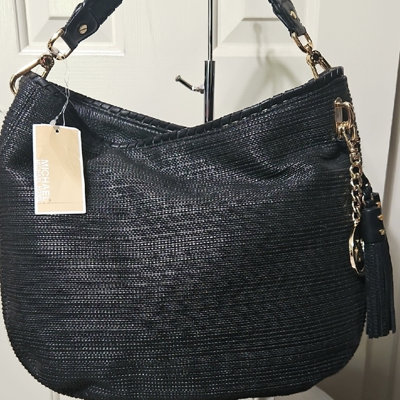 Michael Kors Handbags - Michael Kors NWT Black Hobo Straw Bag with Gold Accents